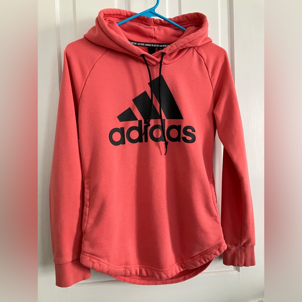 Adidas Hoodie Womens XS Coral Pink Black Pullover Classic Gym Casual Rounded Hem